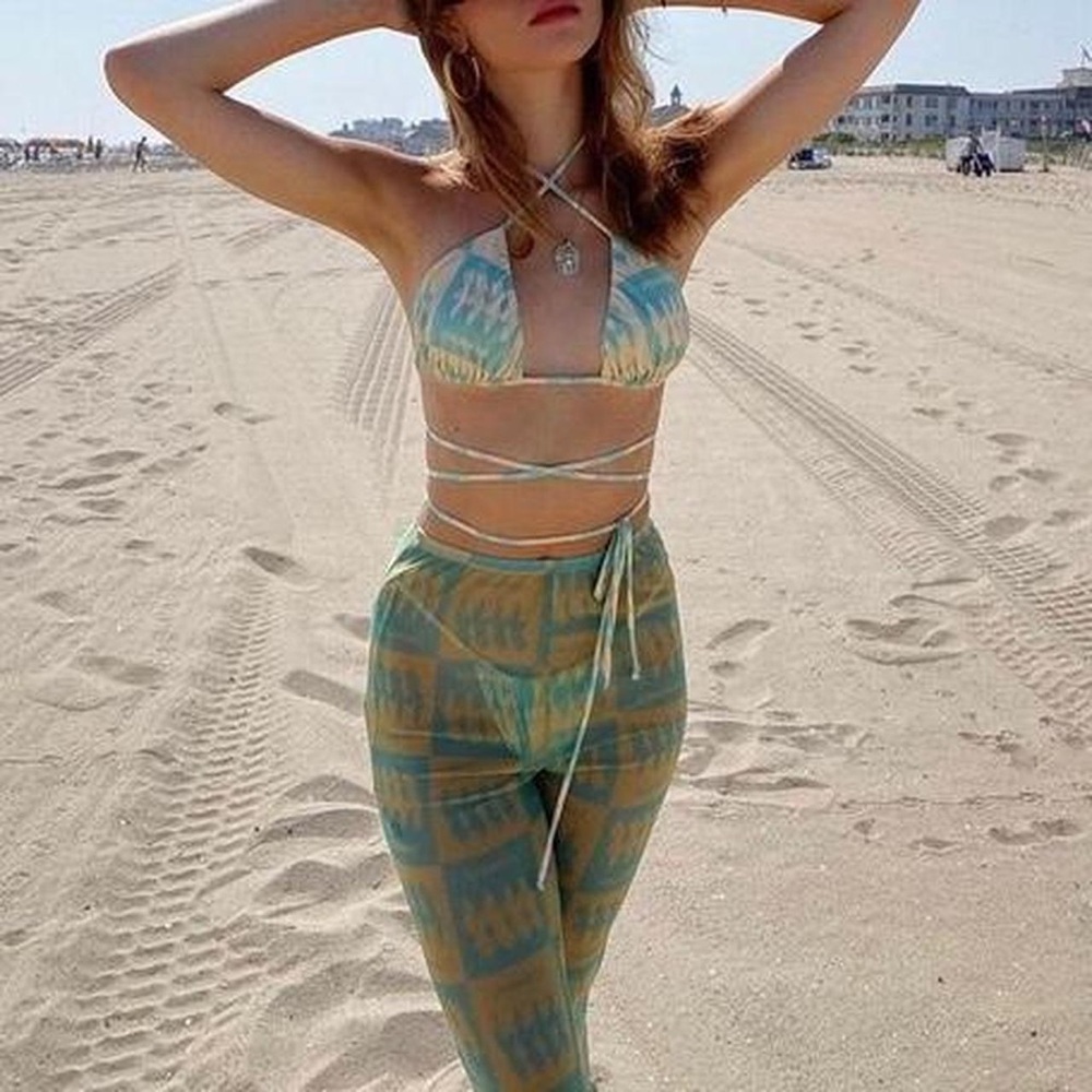Inamorata Women's Green and Cream Bikini Set